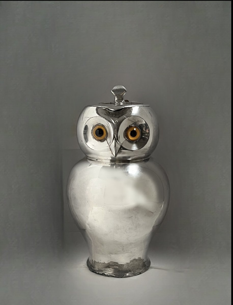 Linton, English Bright Pewter Owl Jug Circa 1900-photo-5