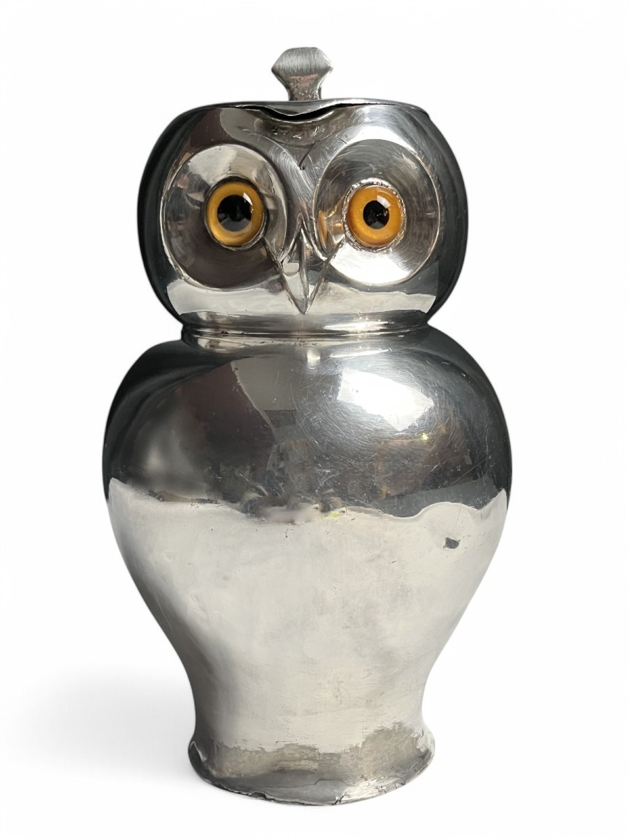 Linton, English Bright Pewter Owl Jug Circa 1900