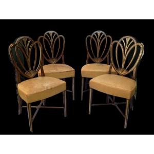 Series Four English Hepplewhite Chairs Mahogany Leather Early 20th Century