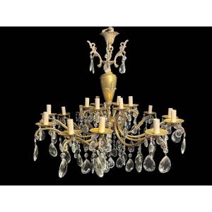 Lustre Napoléon III Bronze Laiton Cristal 18 Feux Fin XIXème