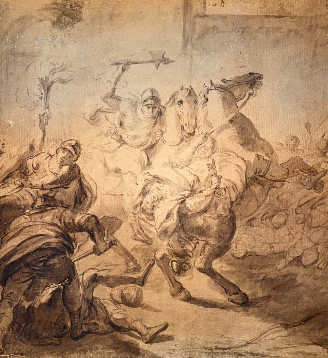 Ecole Italienne Du XVIIIe Siècle Scène De Bataille Dessin Ancien 