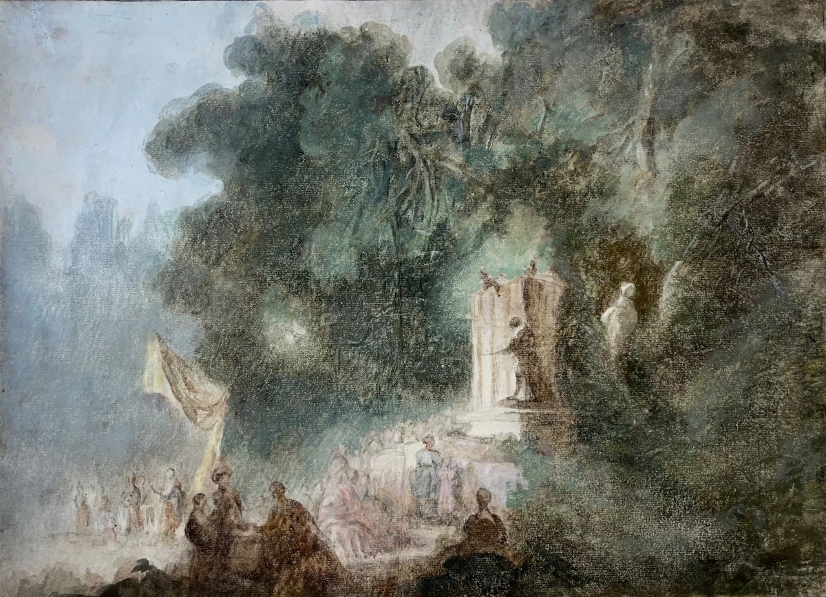 Ecole Française fin XVIIIe Atelier de Fragonard, La Fête à Saint-Cloud , dessin ancien 