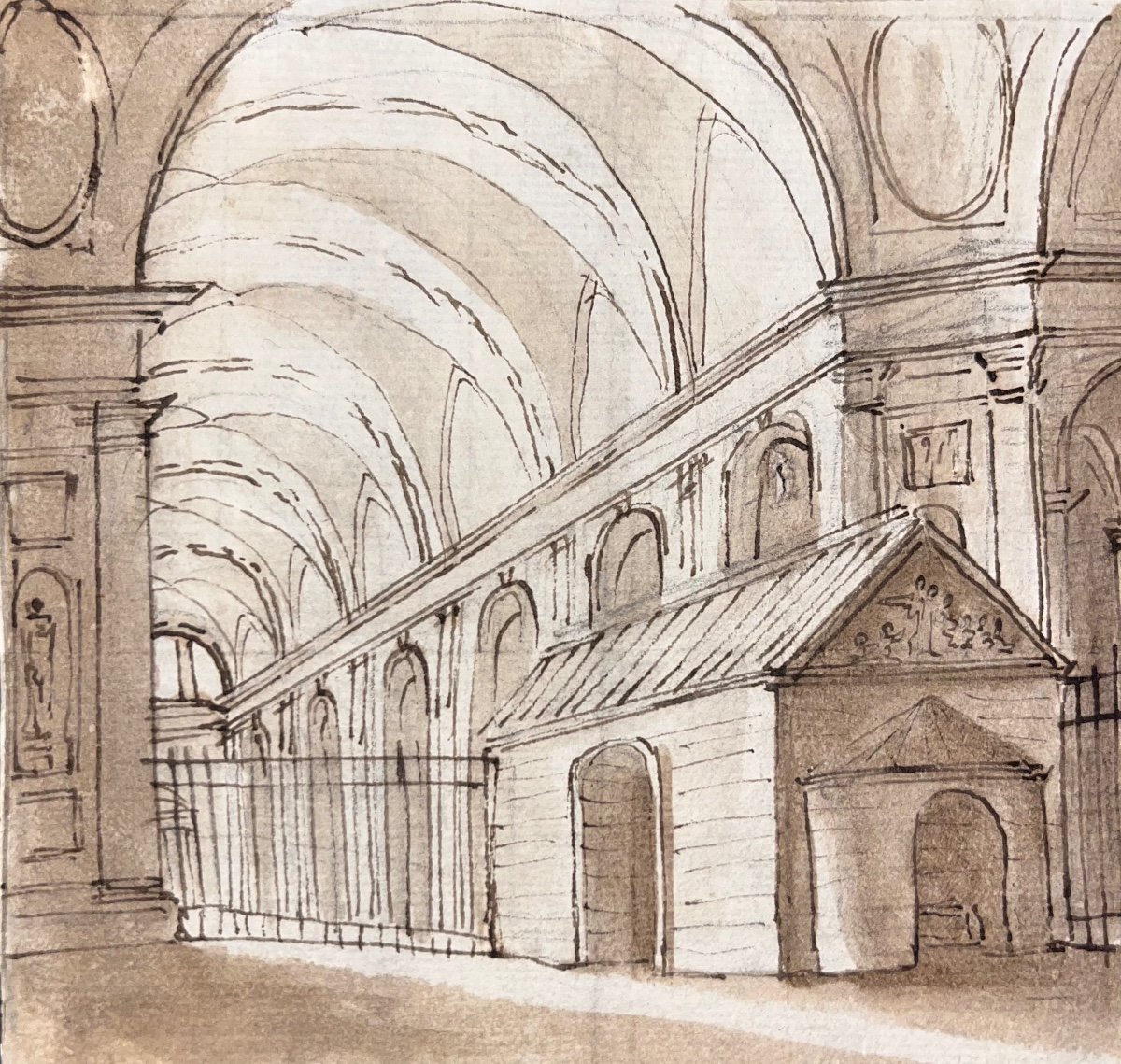 Francois Marius Granet (1775-1849) Chapelle Et Intérieur d'église Dessin Ancien Lavis-photo-2