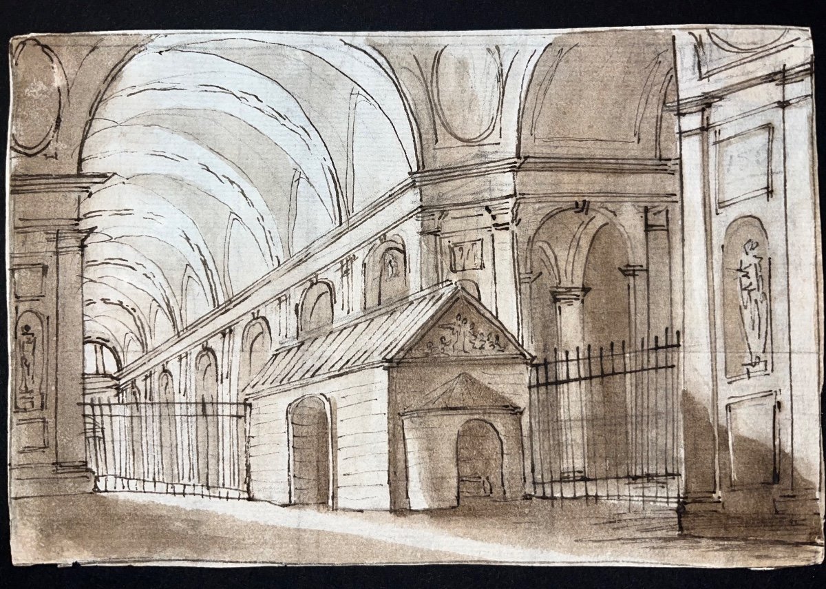 Francois Marius Granet (1775-1849) Chapelle Et Intérieur d'église Dessin Ancien Lavis-photo-3