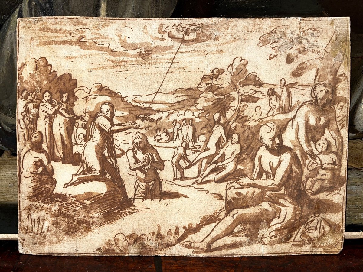 Ecole Italienne Début XVII Baptême Du Christ Lavis Encre Dessin Ancien-photo-2