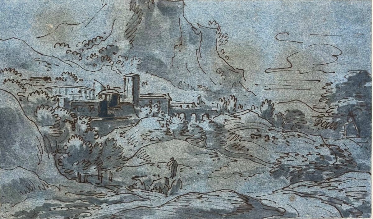 Ecole Italienne Du XVIIIe Siècle Paysage Au Palais Dessin Ancien