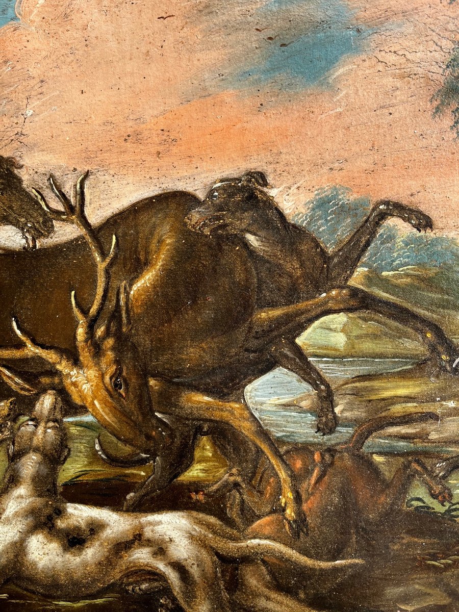 Attribué à Cajetan Ross Dit  Gaetano De Rosa (1690-1770) Scène De Chasse Au Cerf Tableau Ancien-photo-3