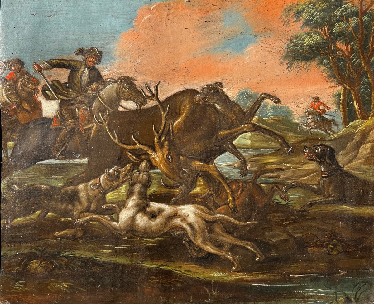 Attribué à Cajetan Ross Dit  Gaetano De Rosa (1690-1770) Scène De Chasse Au Cerf Tableau Ancien