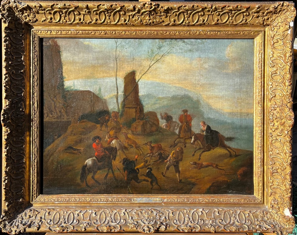 Ecole Hollandaise XVII Scène De Chasse Ancienne Attribution à Wouwerman Tableau Ancien