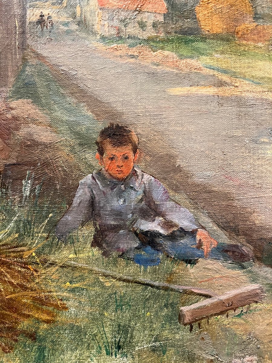 Adolphe La Lyre (1848-1933) Enfant fermier au Bord d'un chemin Grand Tableau-photo-2