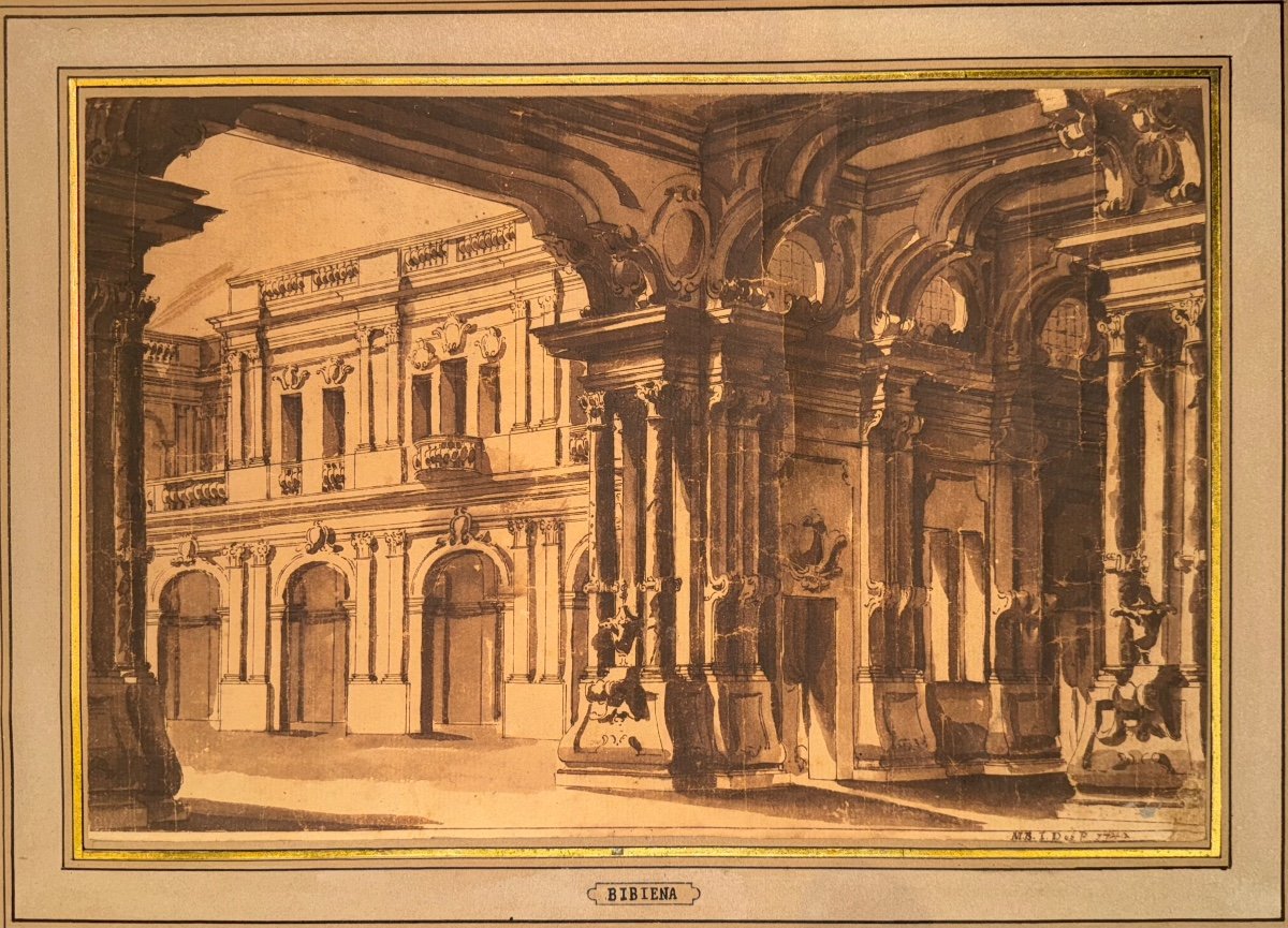 Ecole Des Bibiena Vue D’architecture Encre Sur Papier Dessin Ancien Italie 1742-photo-2