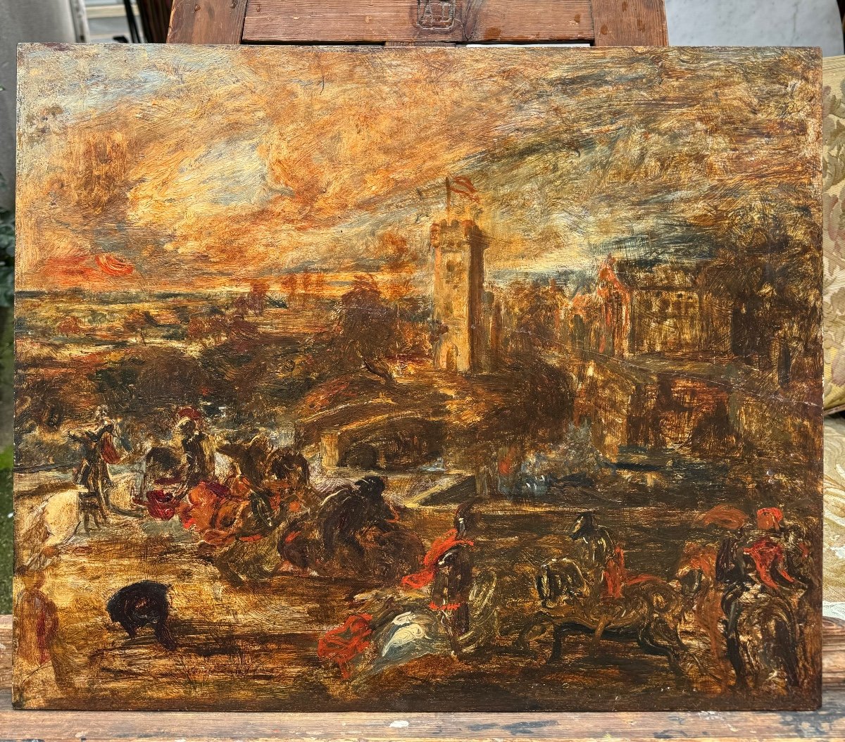 French School 19th Century Or Before? Tournament Scene Oil On Panel -photo-2