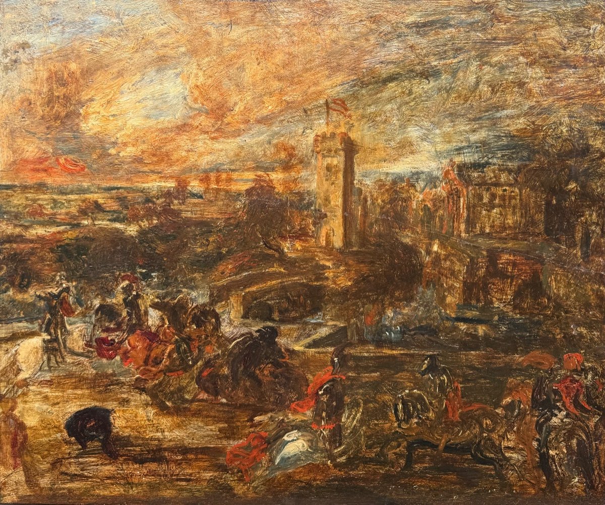 French School 19th Century Or Before? Tournament Scene Oil On Panel 