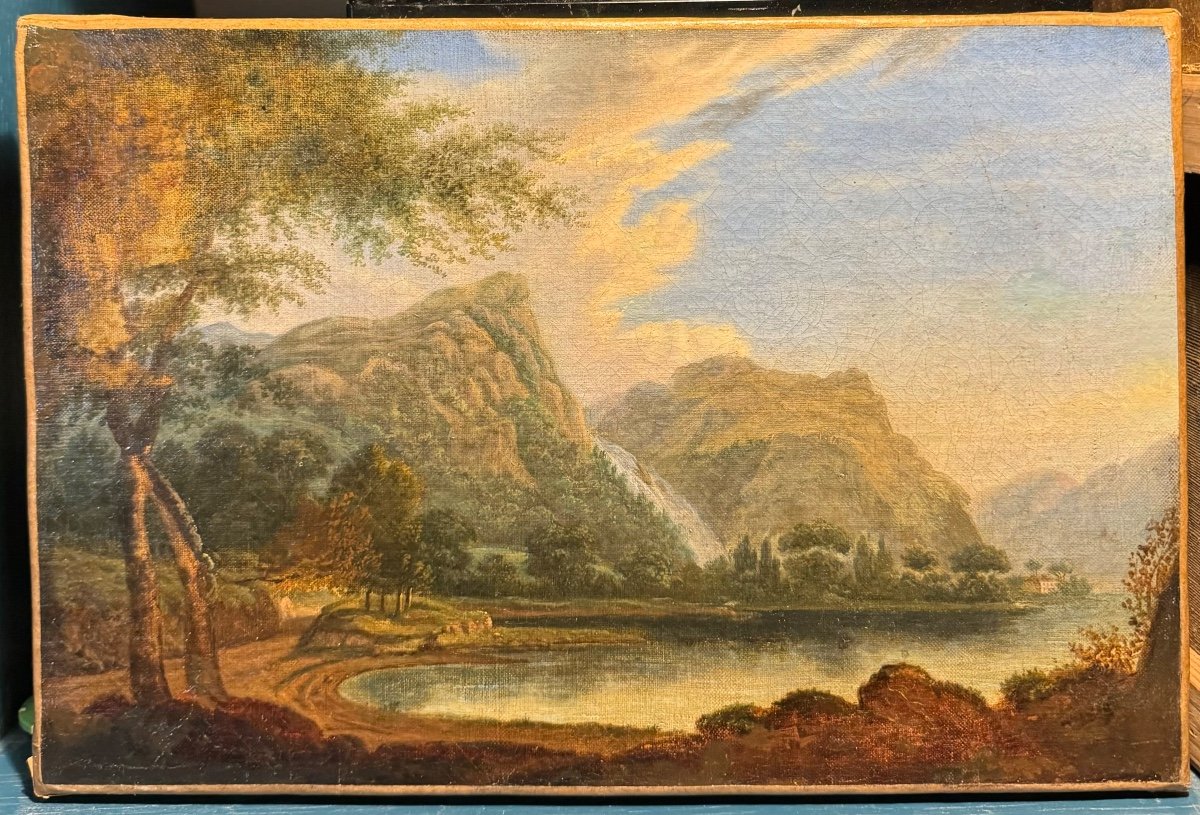 French School Late 18th Century Landscape Oil On Canvas Old Painting -photo-2