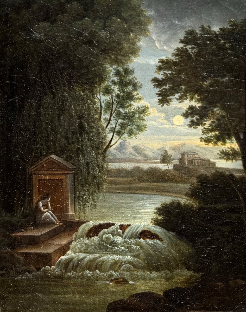 Pre-romantic School Around 1790 Moonlight Melancholy Oil On Canvas Old Painting -photo-2