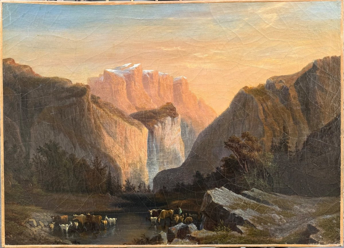 Attribué à François Diday (1802-1877) Le Soir Dans La Vallée Suisse Tableau Ancien -photo-2