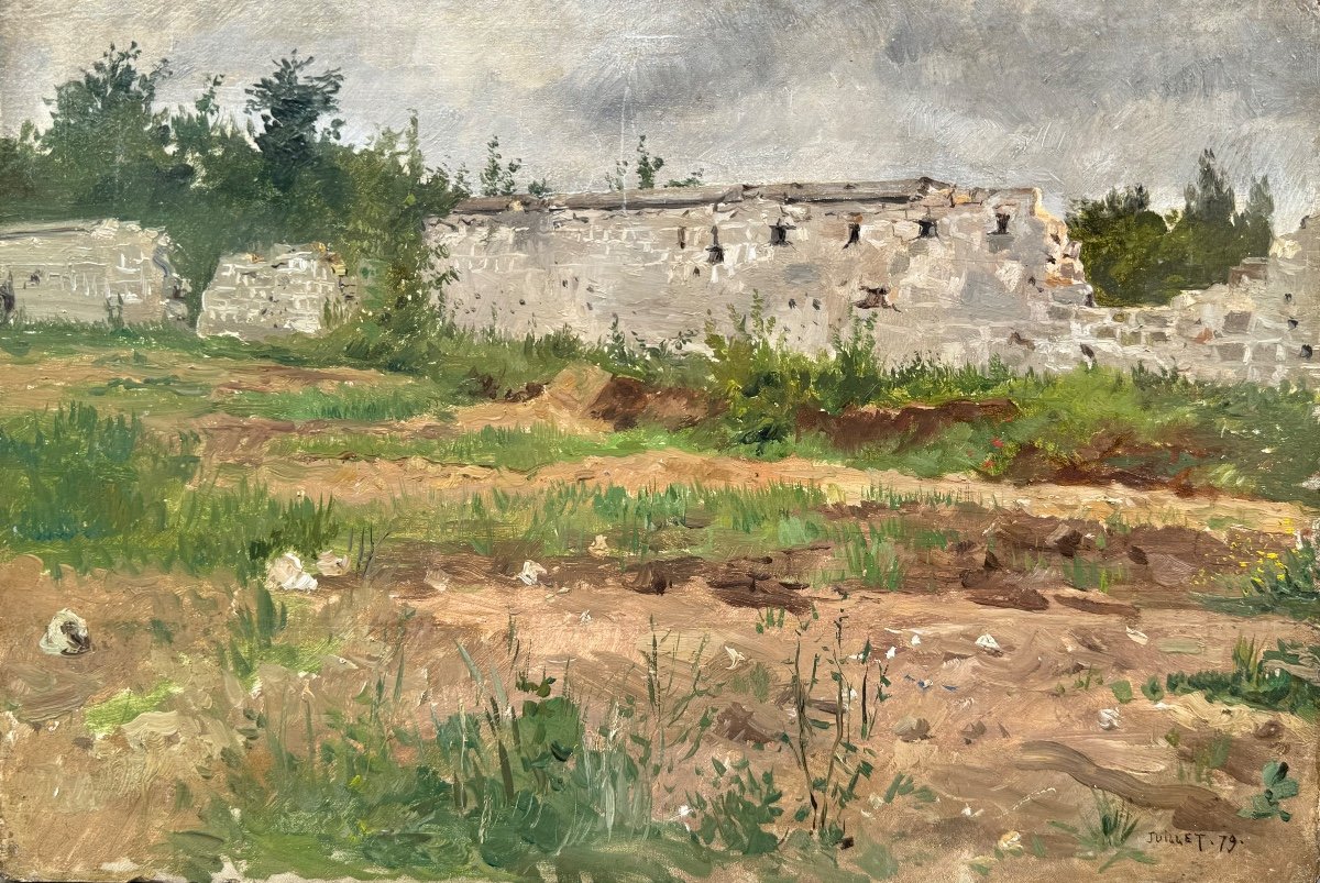 École Française XIXe Paysage au muret Juillet 1879 Tableau Ancien Impressionniste -photo-2