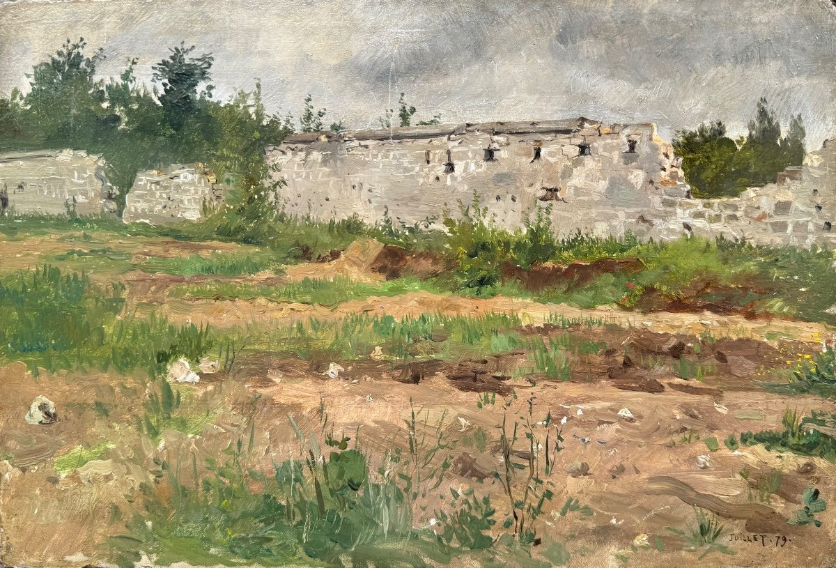 École Française XIXe Paysage au muret Juillet 1879 Tableau Ancien Impressionniste 