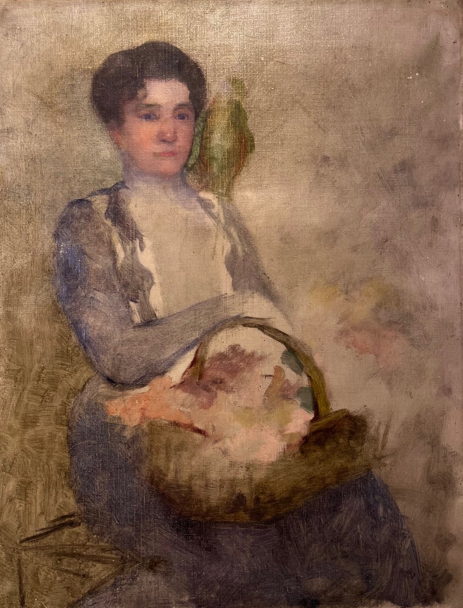 Impressionist School 19th Century Woman With Parrot Oil On Canvas Old Painting -photo-4