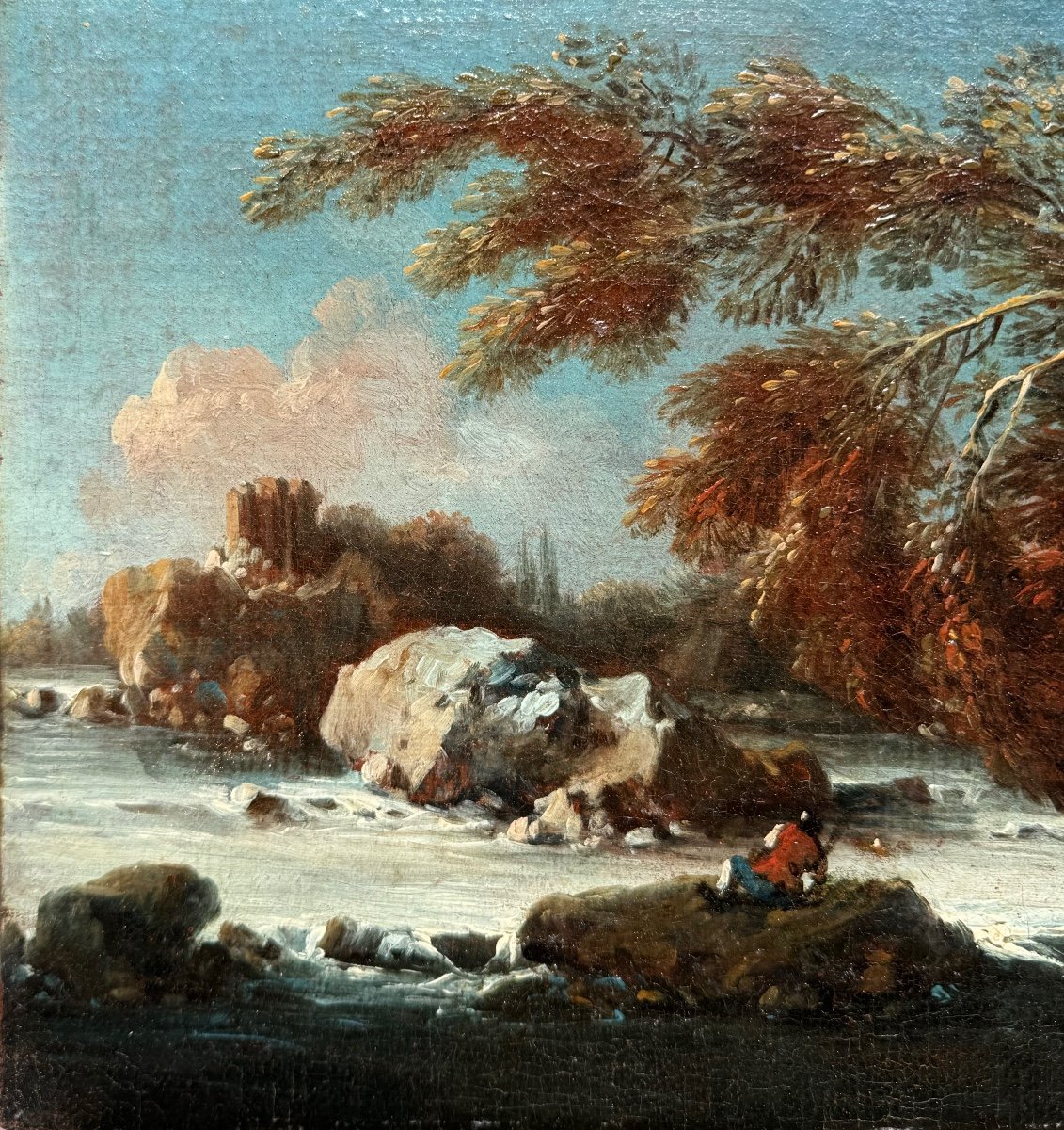 École Du XVIIIe Siècle Paysage à La Rivière Huile Sur Toile Tableau Ancien -photo-2