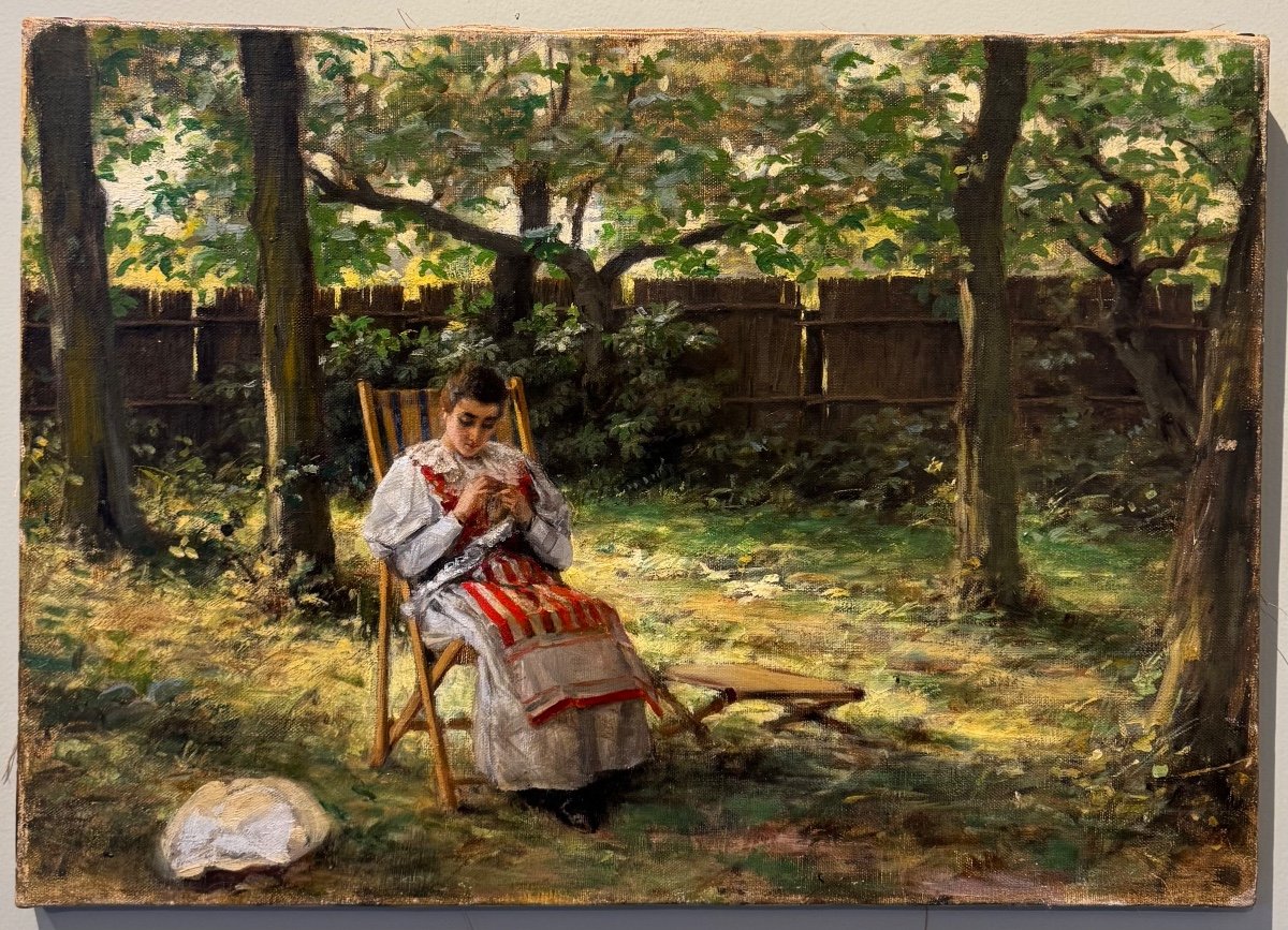 Impressionist School Around 1900 Woman In The Garden Oil On Canvas Old Painting-photo-2