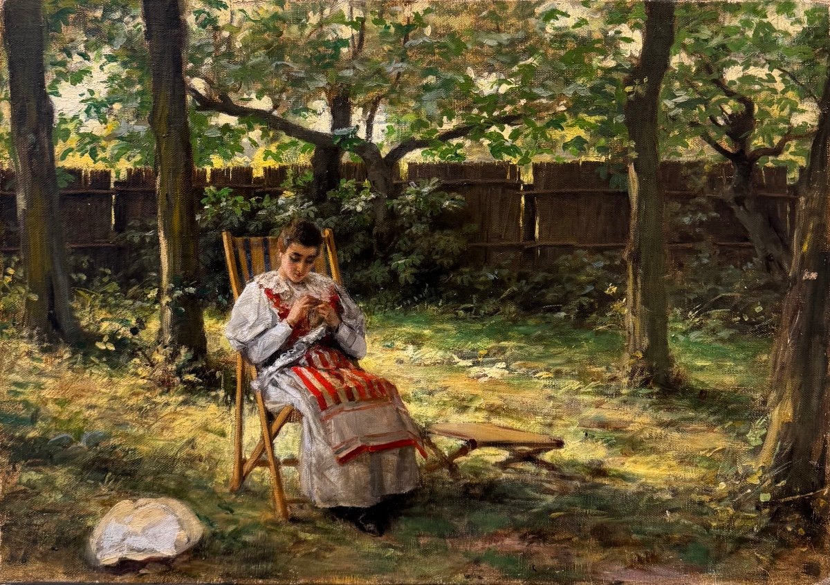 Impressionist School Around 1900 Woman In The Garden Oil On Canvas Old Painting