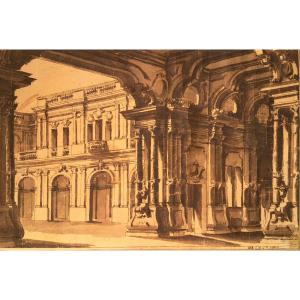 Bibiena School View Of Architecture Ink On Paper Old Drawing Italy 1742