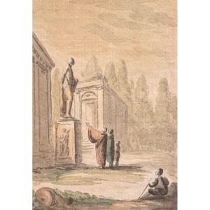 Jean-francois Janinet (1752-1814) Ancient Scene Of Ruins Old Watercolor Drawing