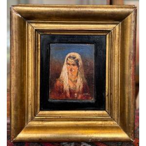 Orientalist School 19th Century Small Portrait Of Woman Oil Panel 