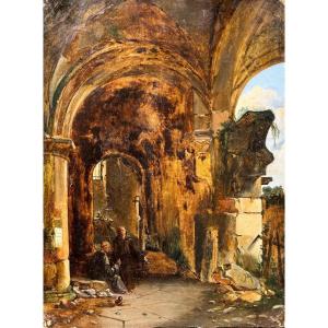 French School Around 1820 Granet? Ruined Church Interior Oil On Canvas Old Painting