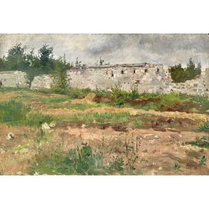 École Française XIXe Paysage au muret Juillet 1879 Tableau Ancien Impressionniste 