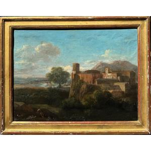 École Italienne XVIII Paysage Huile Sur Papier Tableau Ancien 