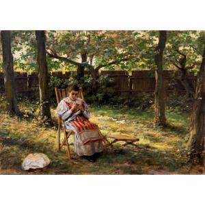 Impressionist School Around 1900 Woman In The Garden Oil On Canvas Old Painting