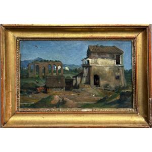 Ecole XIXe Vue D’italie Huile Sur Papier Paysage Tableau Ancien 