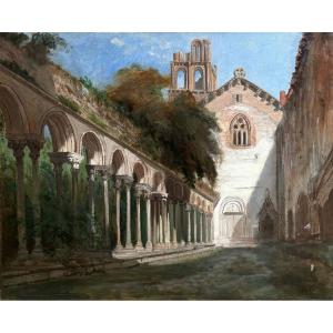 French School 19th Century Monastery Oil On Canvas Antique Painting Monogram 