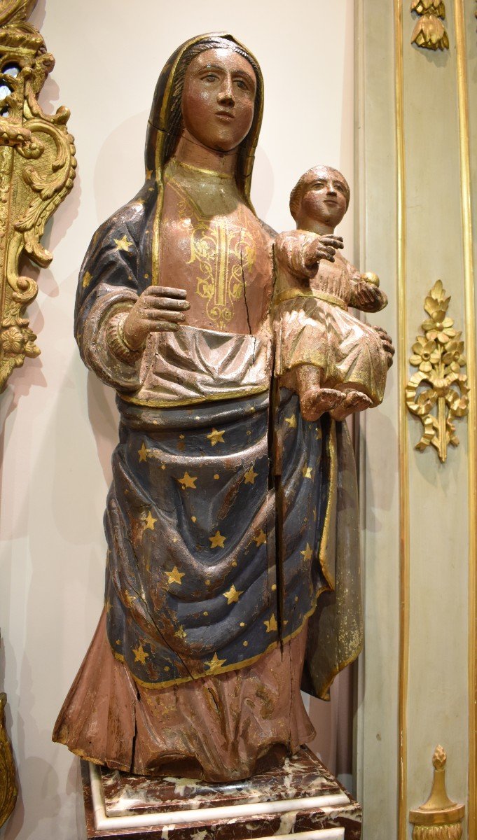 Importante Vierge A l'Enfant En Bois Sculpté Polychrome Début XVIII