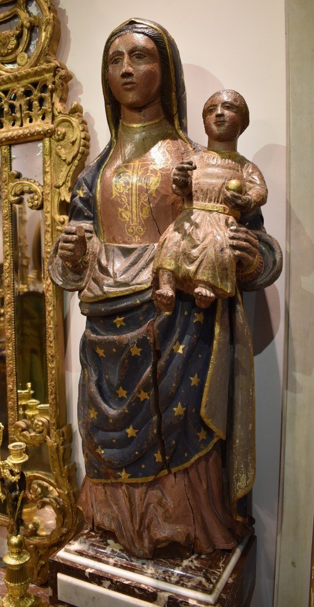 Importante Vierge A l'Enfant En Bois Sculpté Polychrome Début XVIII ème