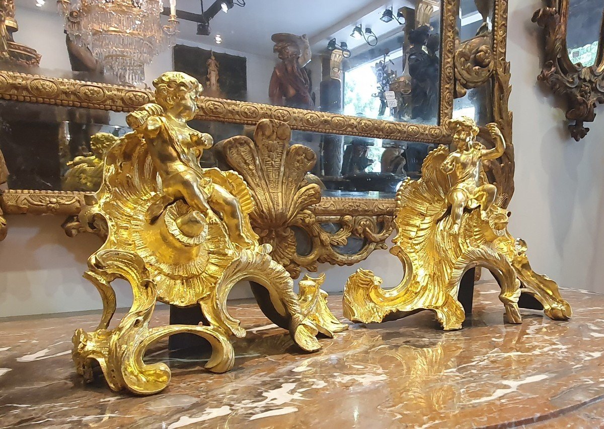 Pair Of "aux Putti" Andirons In Gilt Bronze Early 19th Century-photo-1
