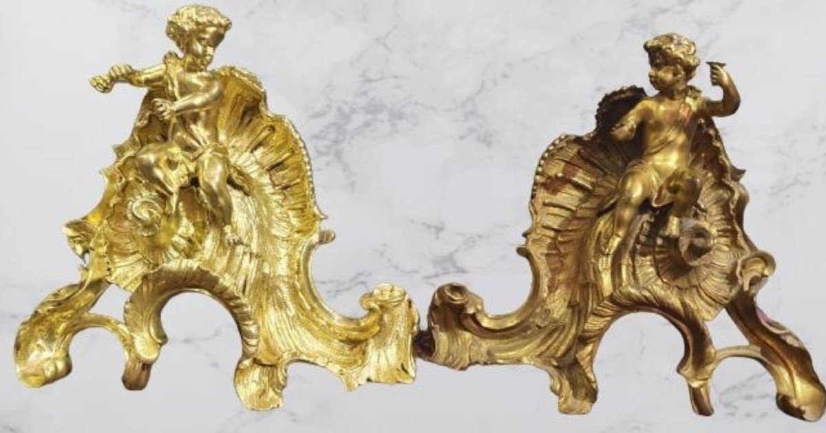 Pair Of "aux Putti" Andirons In Gilt Bronze Early 19th Century-photo-6