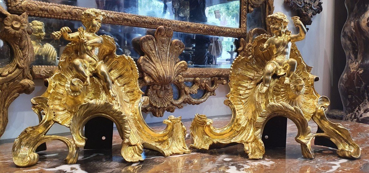 Pair Of "aux Putti" Andirons In Gilt Bronze Early 19th Century