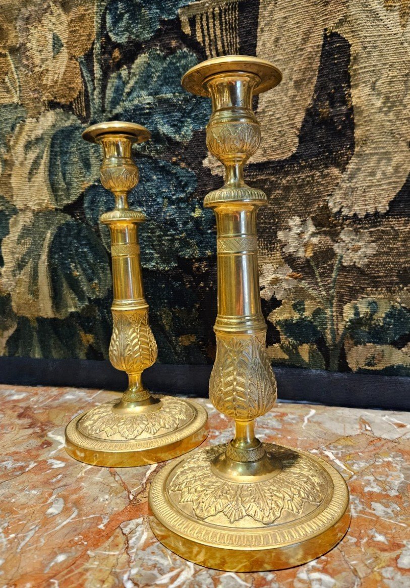 Pair Of Candlesticks In Gilt Bronze Restoration Period 19th 