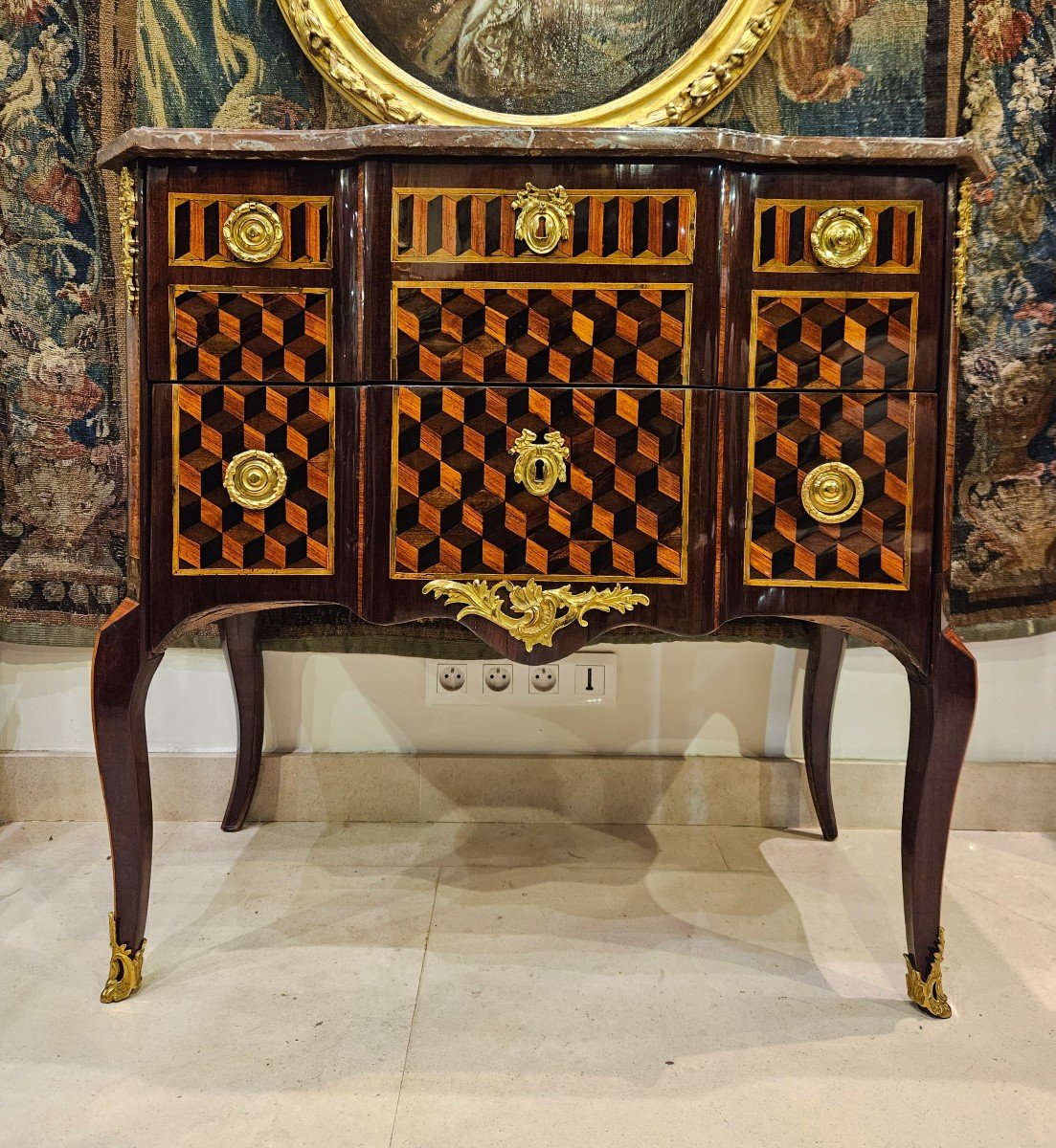 Marquetry Chest Of Drawers Stamped G.jansen Transition Period 18th Century -photo-3