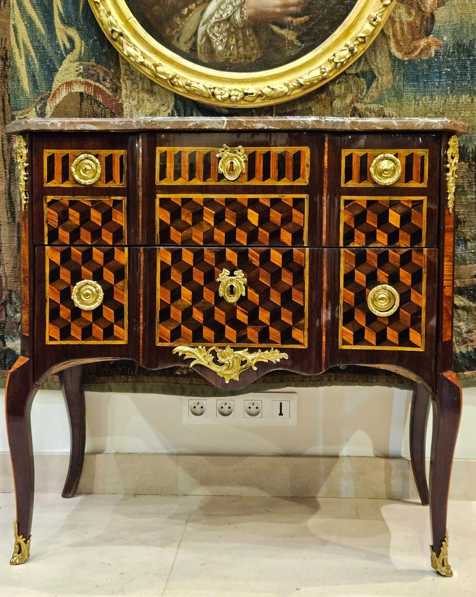 Marquetry Chest Of Drawers Stamped G.jansen Transition Period 18th Century 