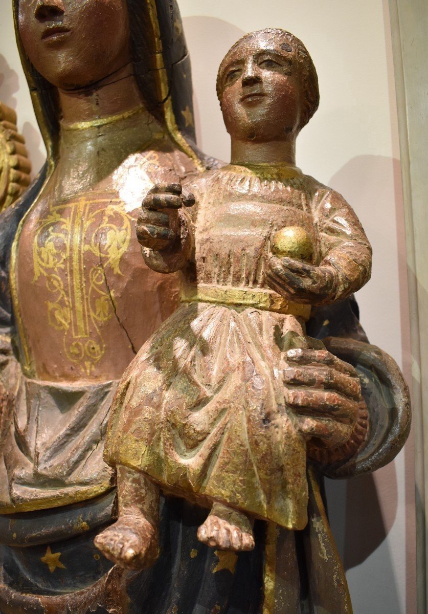 Importante Vierge A l'Enfant En Bois Sculpté Polychrome Début XVIII ème-photo-3