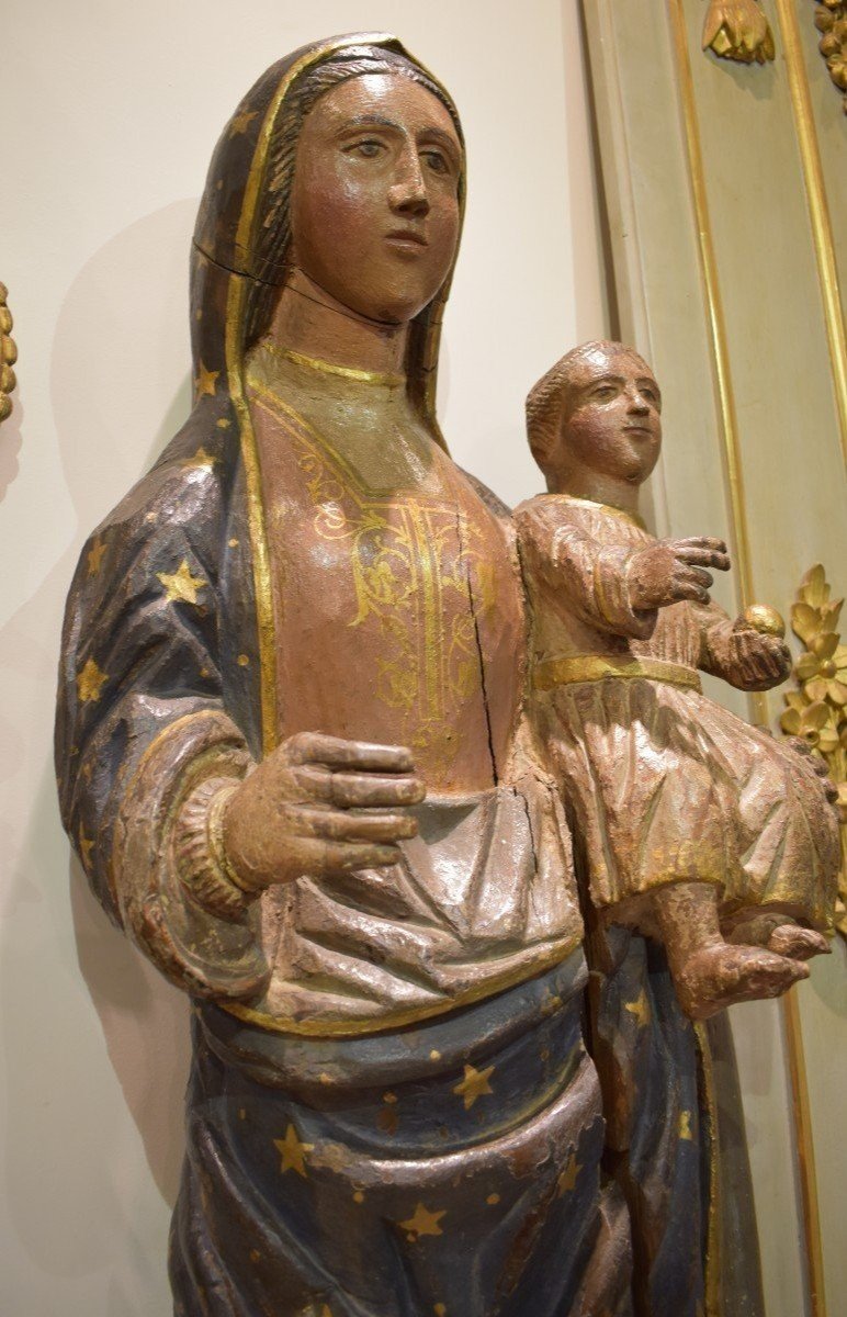 Importante Vierge A l'Enfant En Bois Sculpté Polychrome Début XVIII ème-photo-4