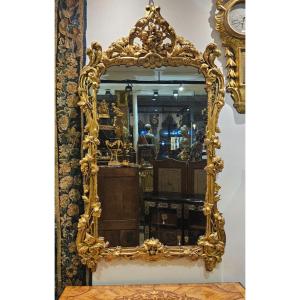 Grand Miroir Provençal En Bois Sculpté Et Doré Epoque Transition XVIII ème