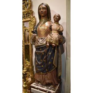 Importante Vierge A l'Enfant En Bois Sculpté Polychrome Début XVIII ème