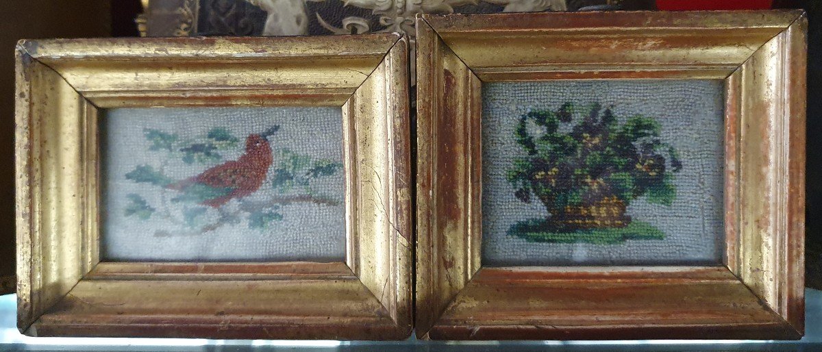 Pair Of Pearl Embroidery Pictures Showing A Bird And A Basket Of Flowers-photo-2