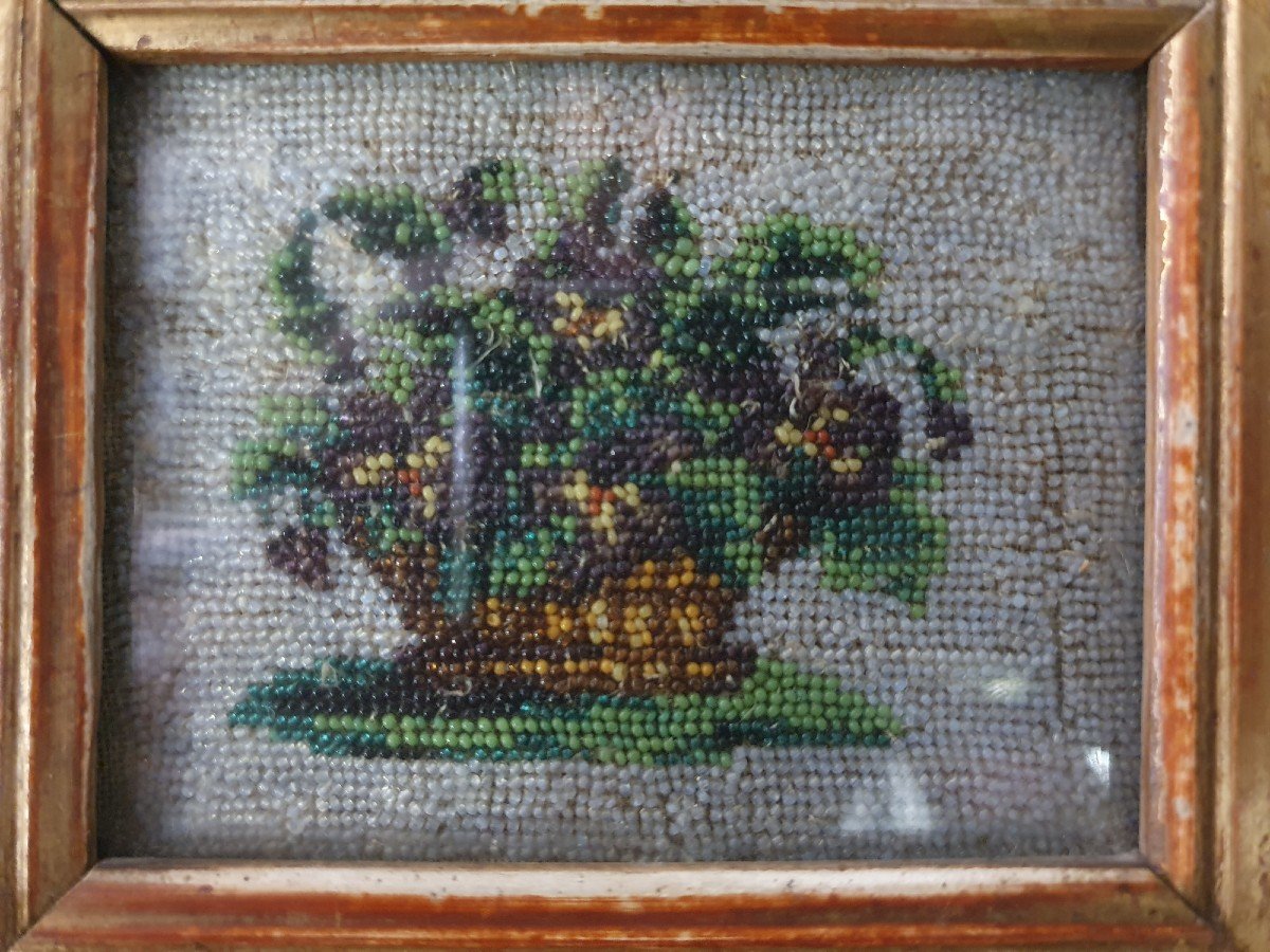 Pair Of Pearl Embroidery Pictures Showing A Bird And A Basket Of Flowers-photo-4