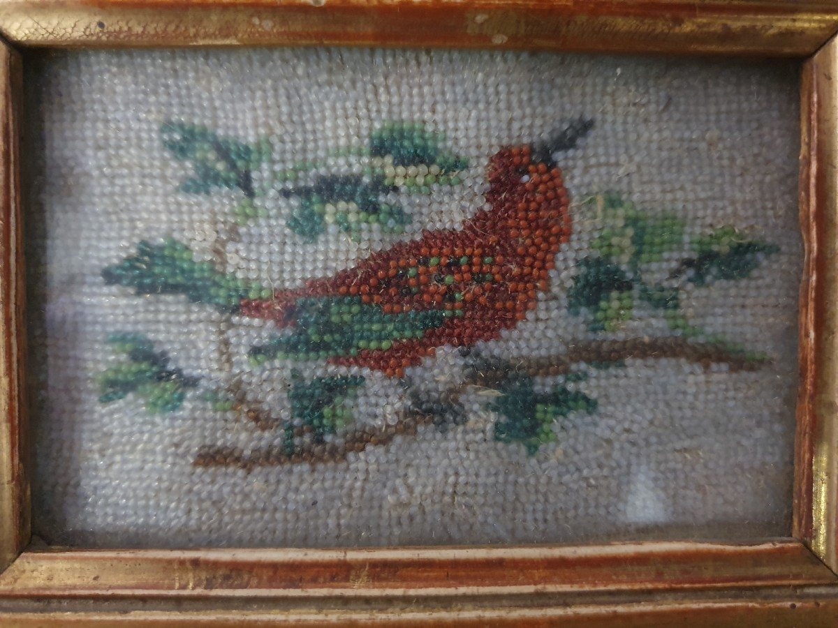 Pair Of Pearl Embroidery Pictures Showing A Bird And A Basket Of Flowers-photo-2